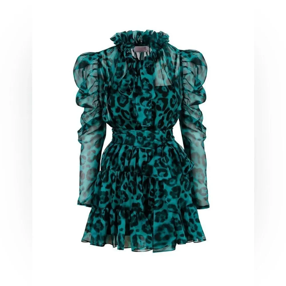 Gigii's MOLLY Draped mini chiffon Mini dress size S Green & Black tiger Print - Picture 5 of 7